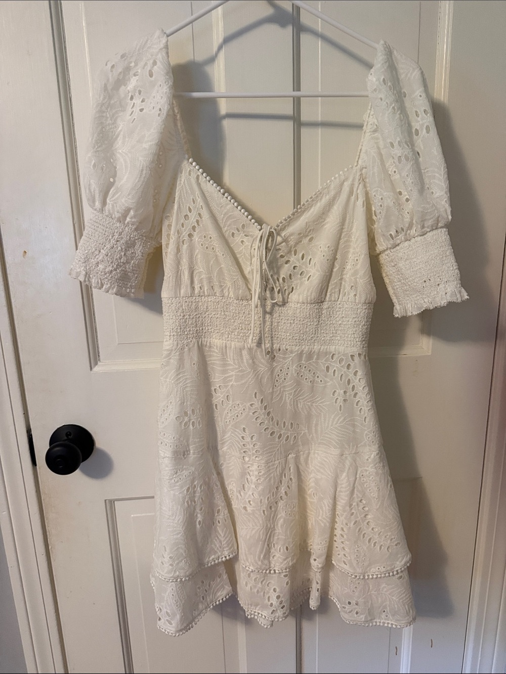 Alice + Olivia White Eyelet Puff-Sleeve Mini Dress